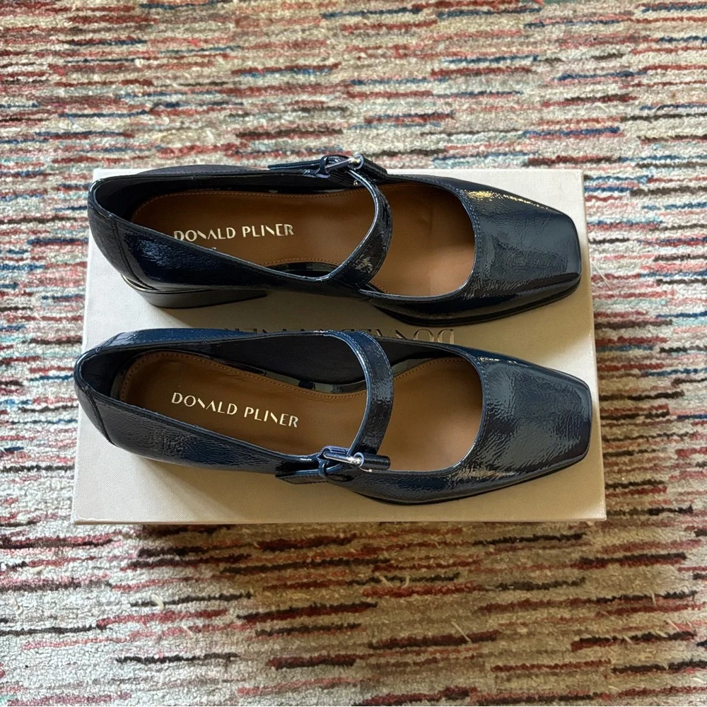 Donald Pliner Mary Jane Pump in Navy Crinkle Patent Leather - Picture 3 of 4